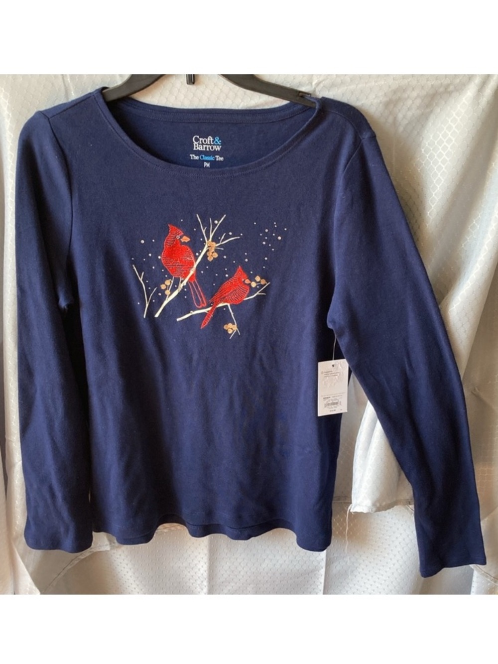 Croft & Barrow the classic tee top navy blue & red birds Christmas holiday PM